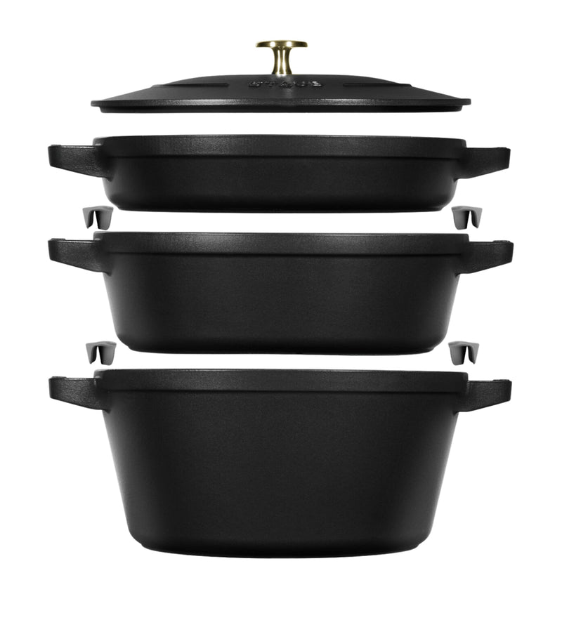 Staub 3-piece round stackable cast iron cocotte set with 1.9L, 2.9L, and 4L capacities (British brand)