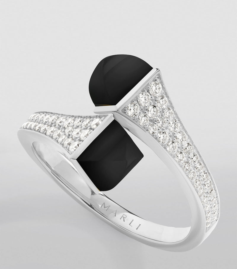 Marli New York Cleo ring in 18kt white gold with diamonds and black onyx, imported from the UK