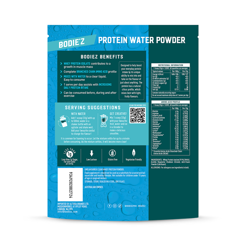 BODIE'Z protein water unflavoured 230g (British brand)