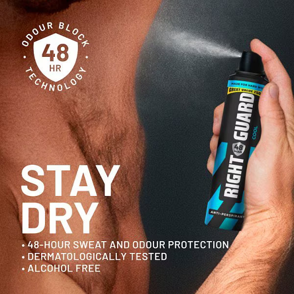 Right Guard Anti-Perspirant Deodorant Cool 250ml, imported from the UK