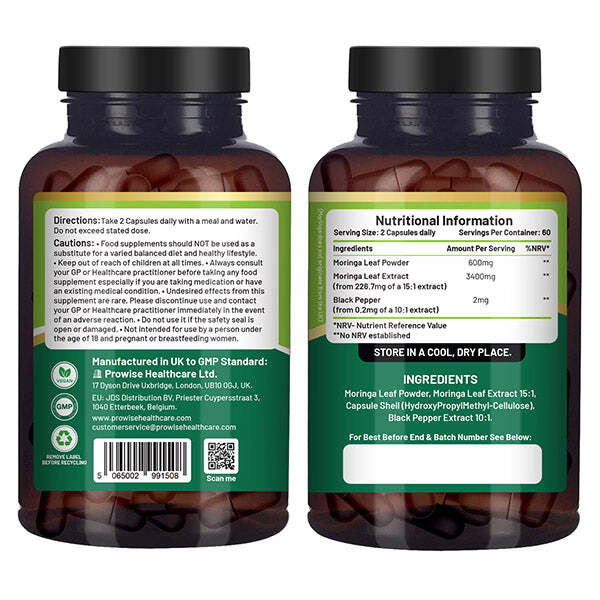 Prowise moringa leaf supplement 4000mg 120 capsules, UK version