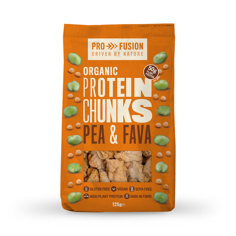 Profusion Pea and Fava Protein Chunks 125g, imported from the UK
