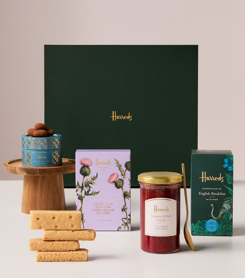 Harrods afternoon tea gift box with shortbread, jam, cocoa almonds (British brand)