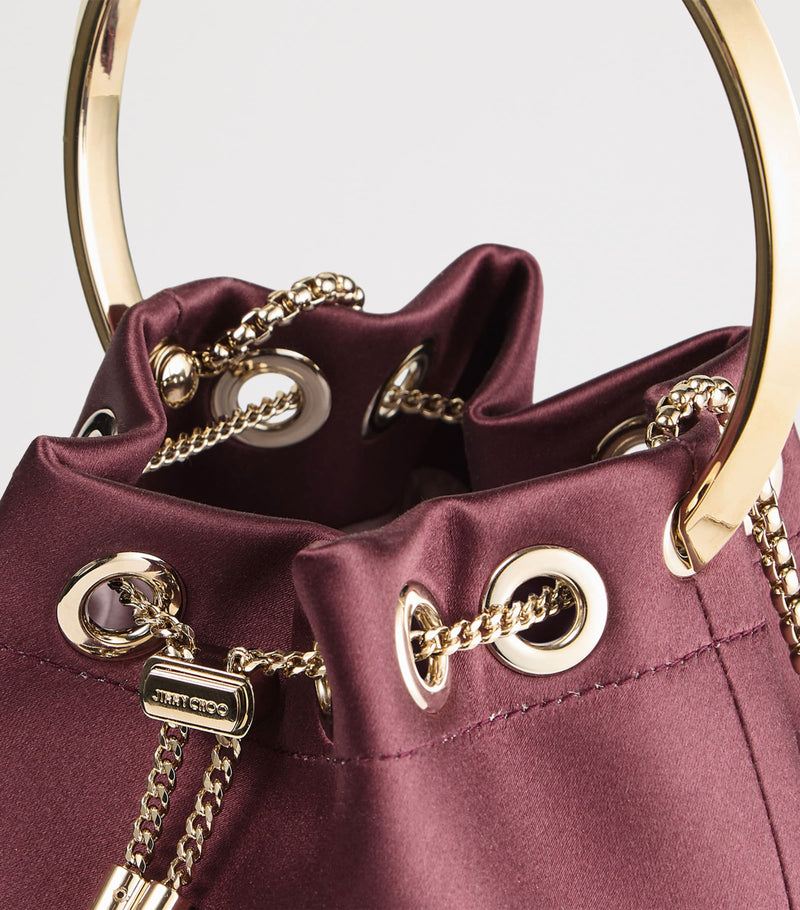 Jimmy Choo Bon Bon satin top-handle bag in claret, imported from the UK