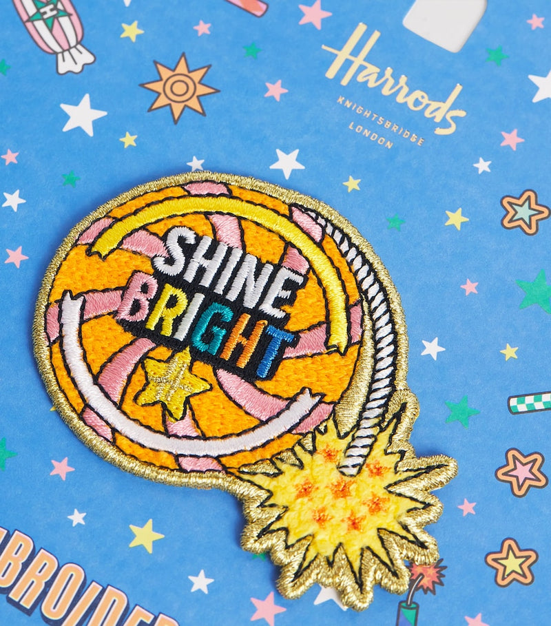 Harrods Pop Rocket Shine Bright iron-on embroidered patch, imported from the UK