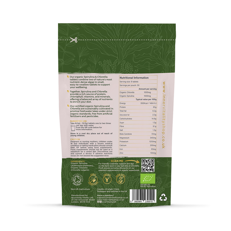 Inner Vitality organic spirulina and chlorella tablets 400 count (British brand)