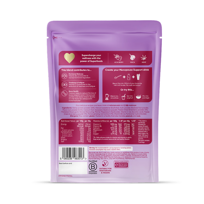 Naturya menopause support mixed berry 175g, imported from the UK