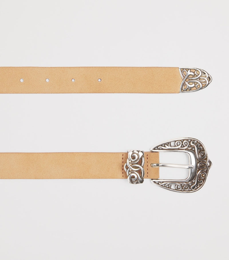 Eleventy suede belt with Western-style buckle, imported from the UK