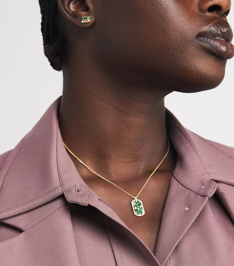 Suzanne Kalan yellow gold diamond and emerald dog tag necklace - British product