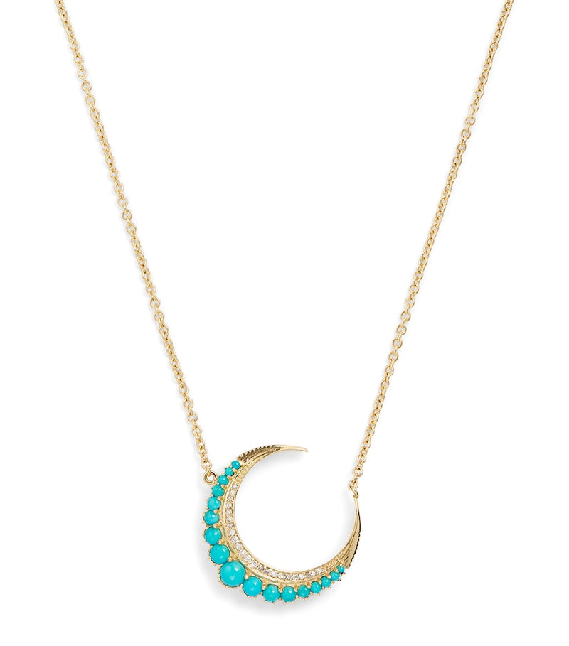 Jacquie Aiche small crescent moon gold turquoise diamond necklace, UK version