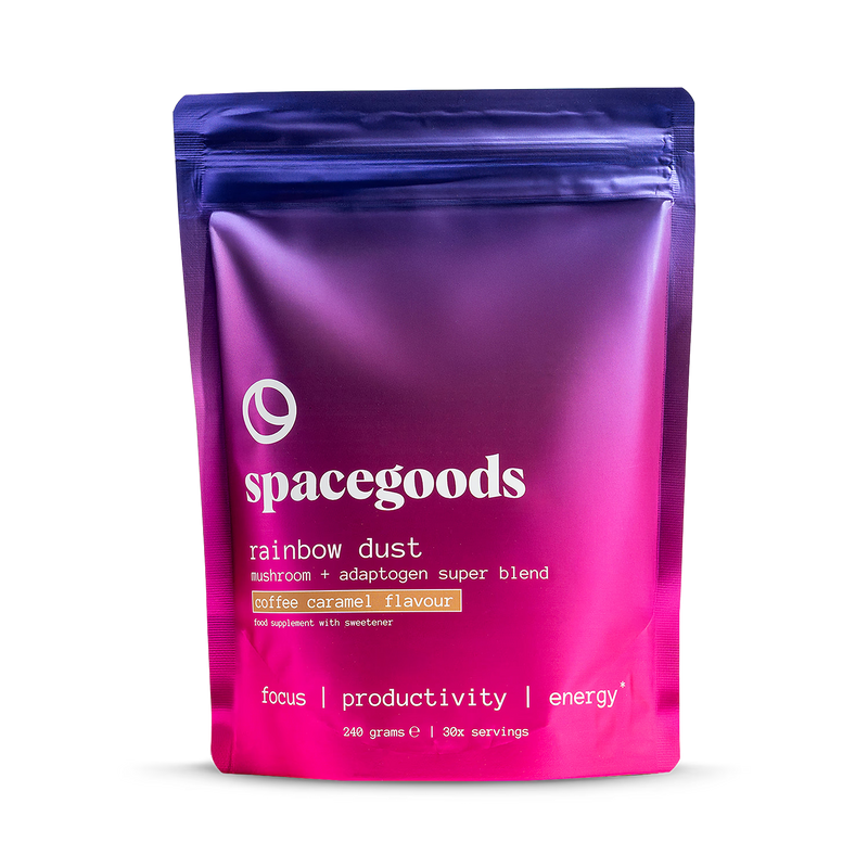 Spacegoods Rainbow Dust Coffee Caramel superfood powder 240g, imported from the UK