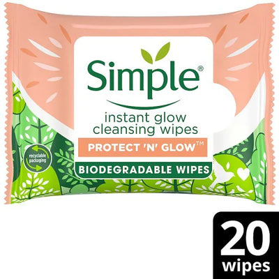 Simple Protect N Glow Biodegradable Face Wipes Instant Glow X20