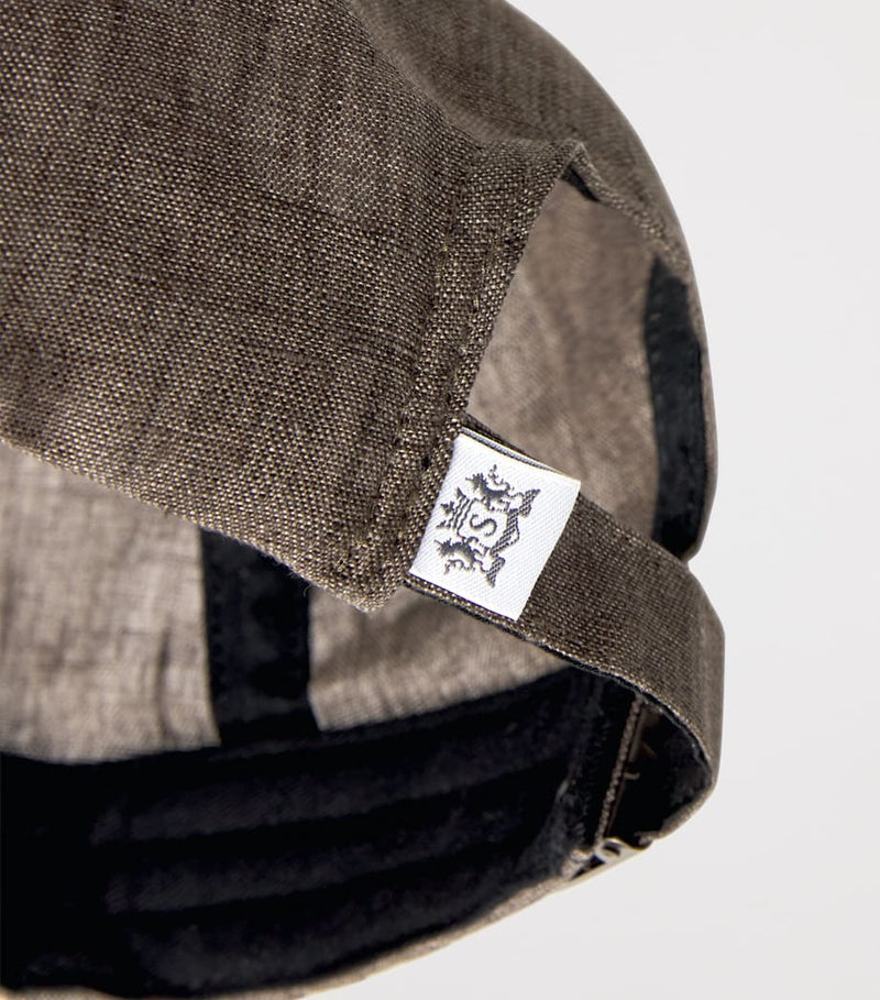 Sunspel linen cap adjustable strap embroidered eyelets, UK version