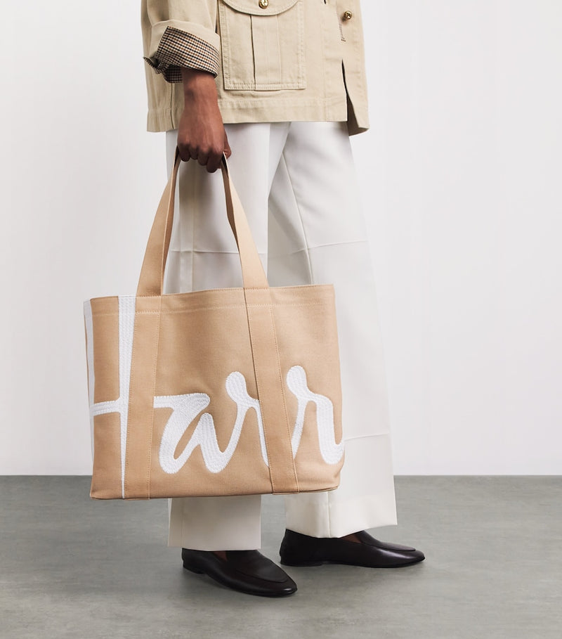 Harrods medium beige tote bag with embroidered logo, imported from the UK