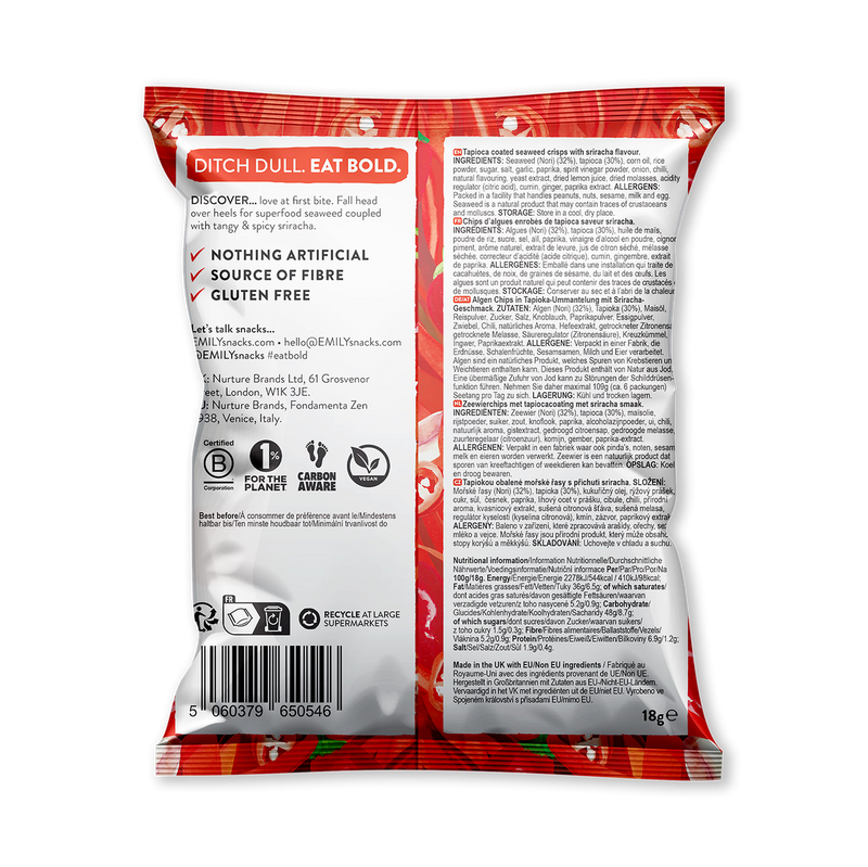 Emily sriracha seaweed crisps 18g (British brand)