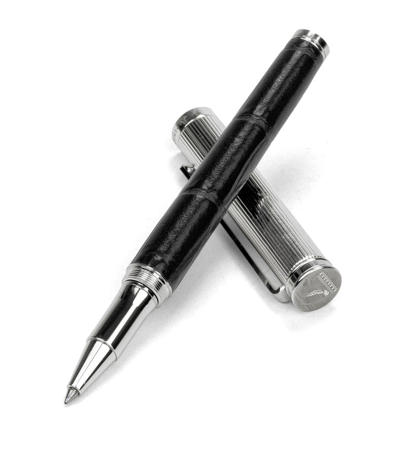 Aspinal Of London rollerball pen featuring rhodium-plated brass and leather finish, 13.5cm tall - British product