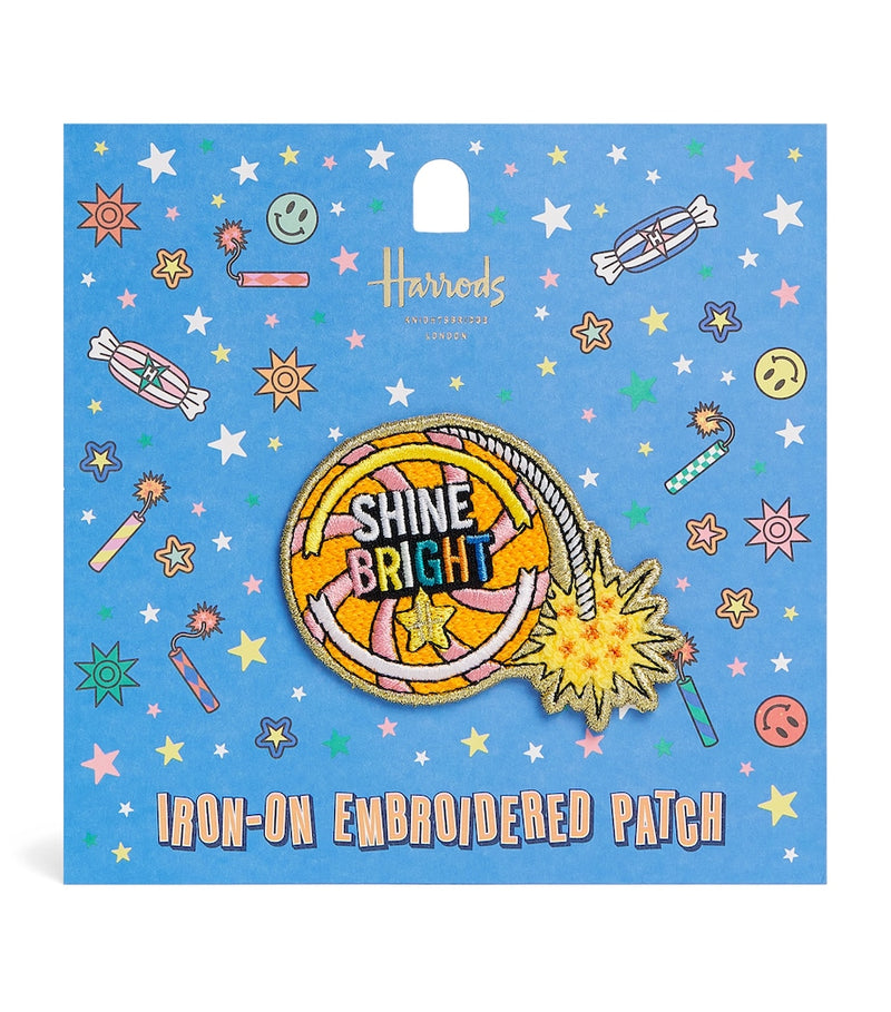 Harrods Pop Rocket Shine Bright iron-on embroidered patch, imported from the UK