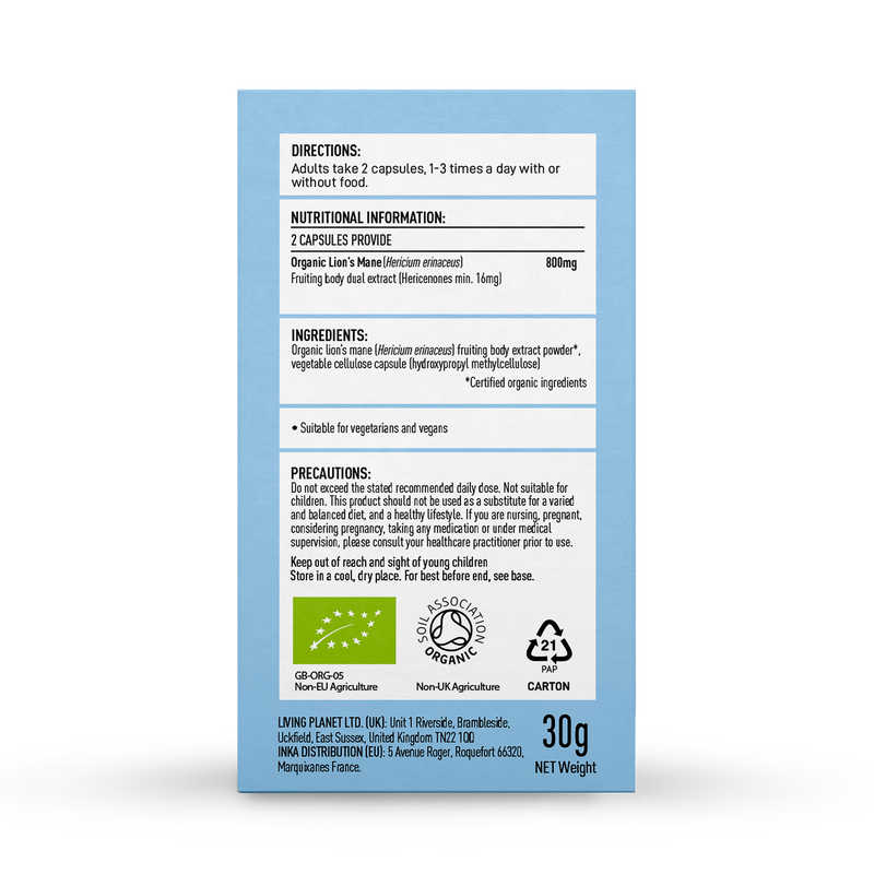 Mushrooms For Life Organic Lion's Mane 60 Capsules, imported from the UK