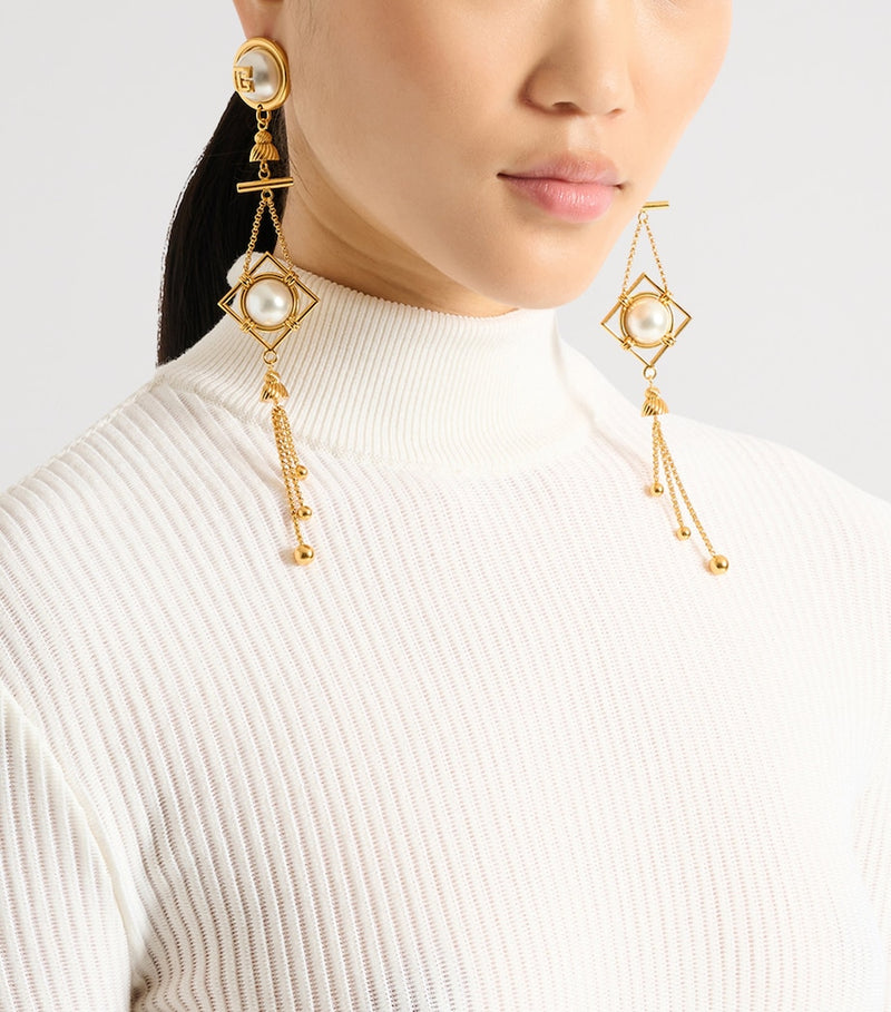 Balmain monogram pendant earrings brass, UK version