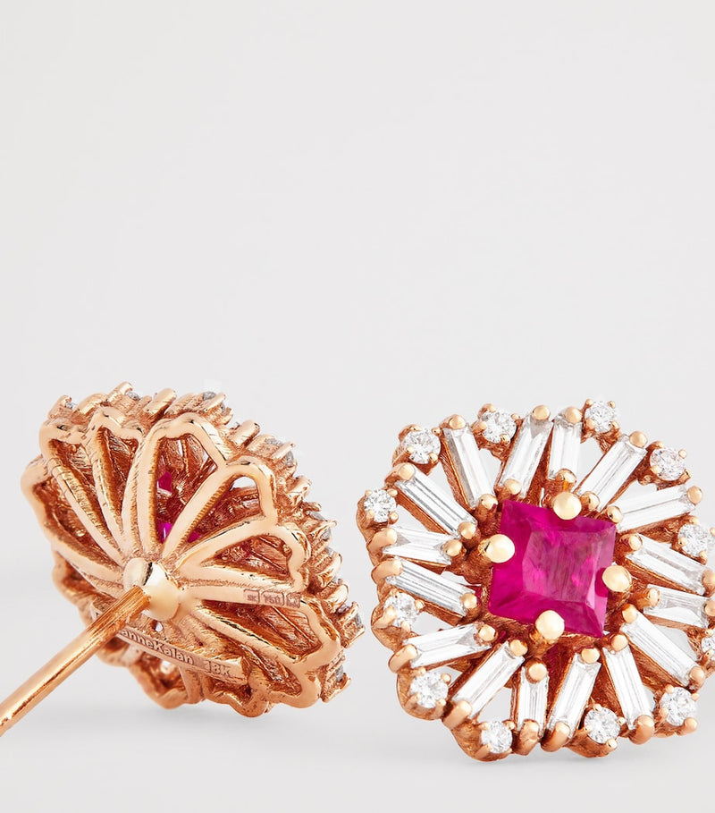 Suzanne Kalan flower stud earrings rose gold diamonds ruby, imported from the UK