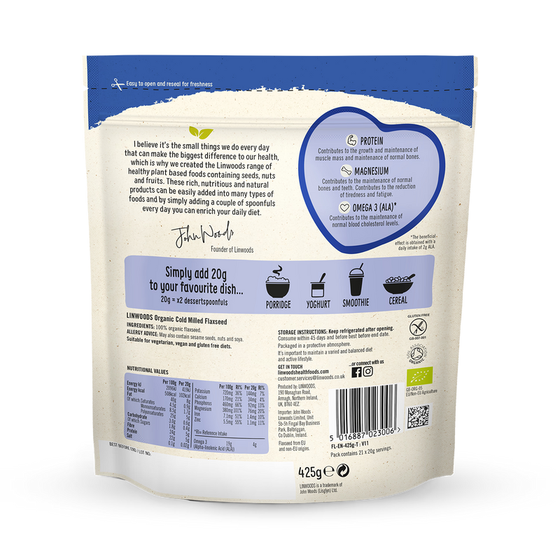 Linwoods Milled Organic Flaxseed 425g, UK version