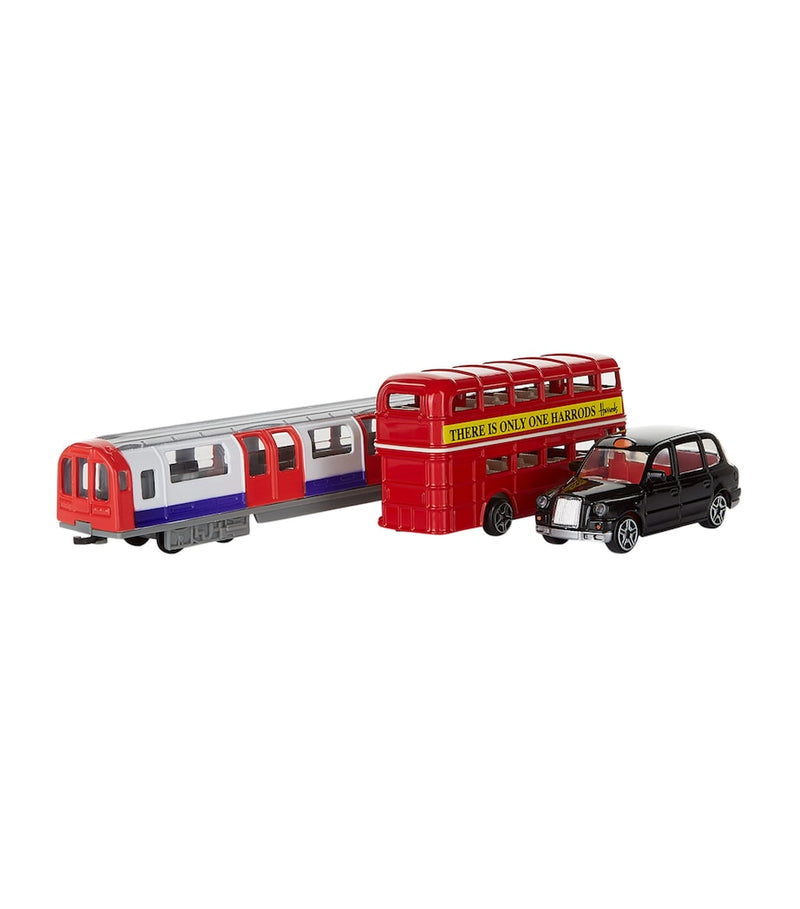 Harrods die-cast model set of London taxi, bus, and tube, UK version