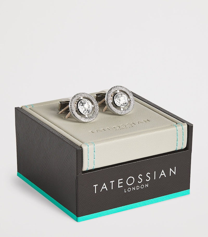 Tateossian rhodium-plated cubic zirconia halo round cufflinks (British brand)