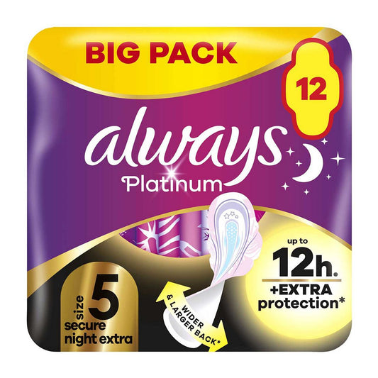 Always Platinum Secure Night Extra (Size 5) Sanitary Towels With Wings 12 Pads GOODS Boots   