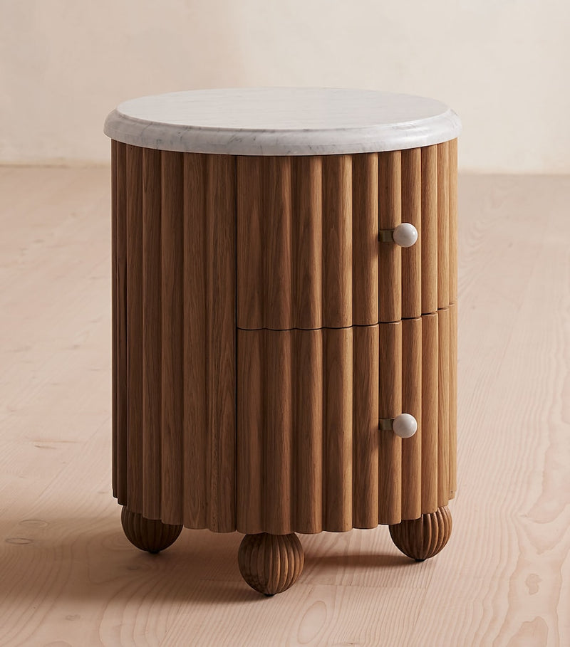 Soho Home Carlisle bedside table solid oak Carrara marble, imported from the UK