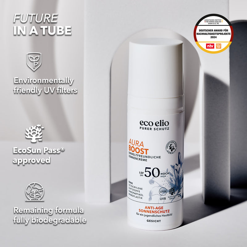 eco elio Aura Boost anti-aging sunscreen (British brand)