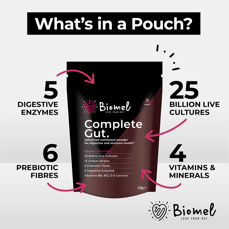 Biomel Complete Gut probiotic powder Belgian Chocolate 450g - British product