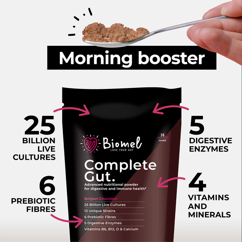 Biomel Complete Gut probiotic powder Belgian Chocolate 450g - British product