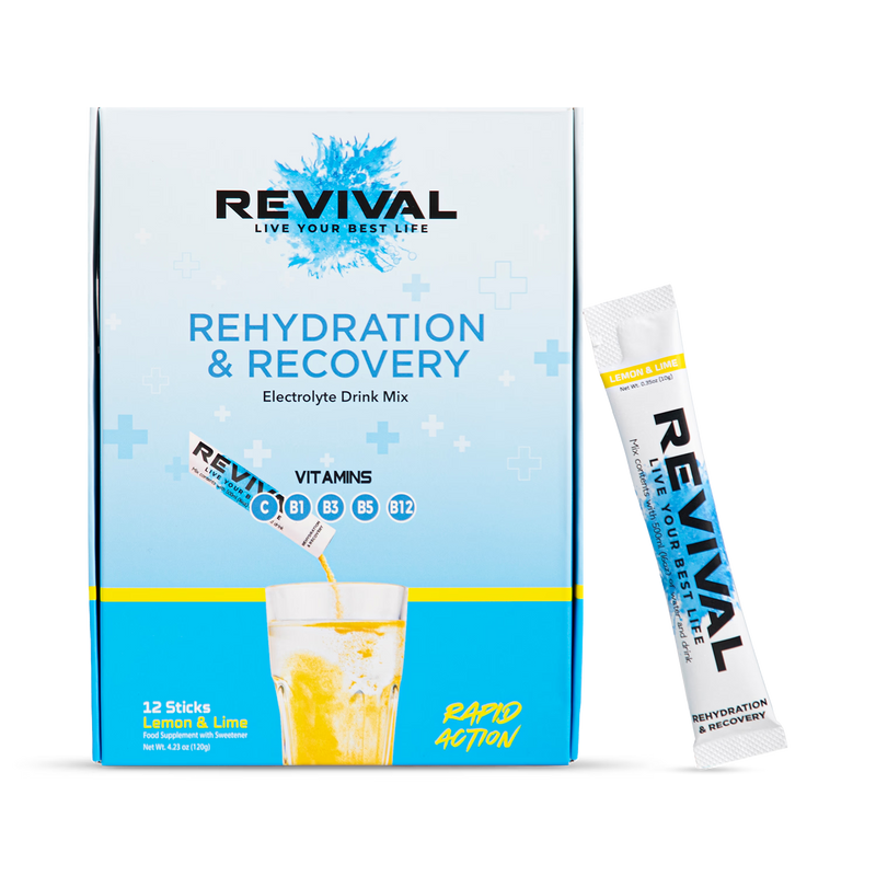 Revival rehydration recovery lemon lime sachets 12 pack, imported from the UK