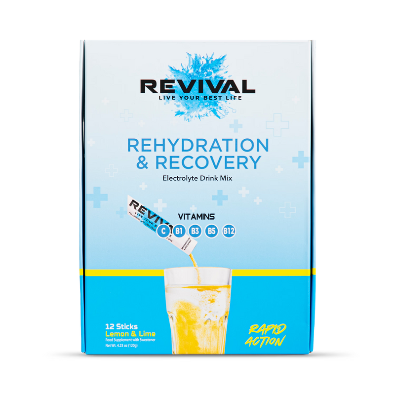 Revival rehydration recovery lemon lime sachets 12 pack, imported from the UK