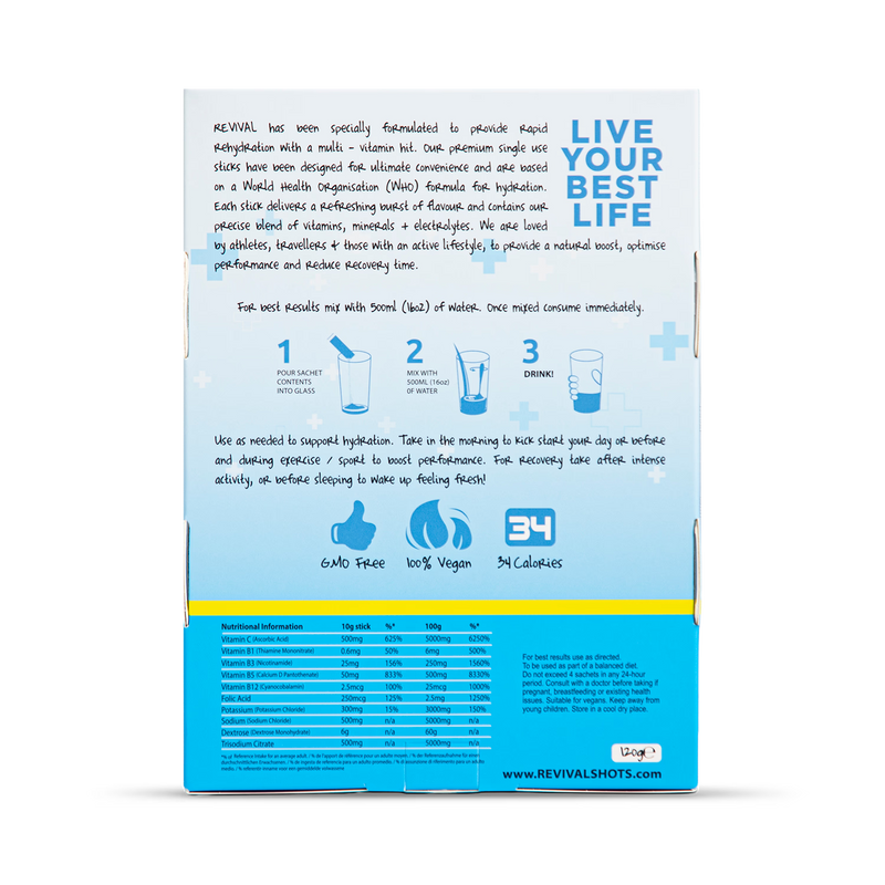 Revival rehydration recovery lemon lime sachets 12 pack, imported from the UK