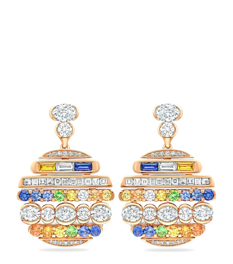 Boodles drop earrings in rose gold with diamonds, sapphires and tsavorite, UK version