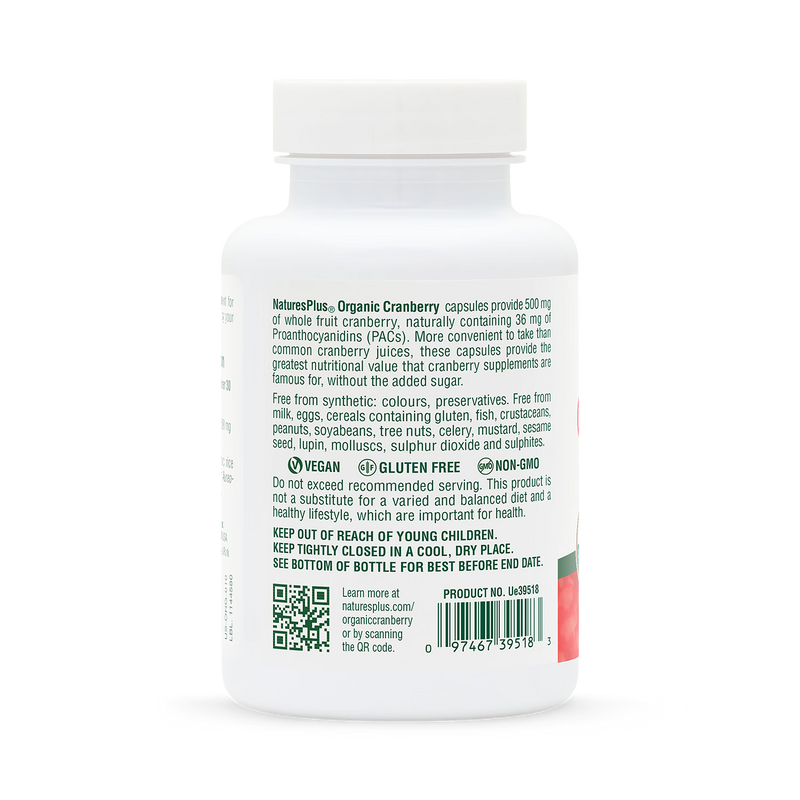 NaturesPlus organic cranberry supplement 500mg 60 capsules (British brand)