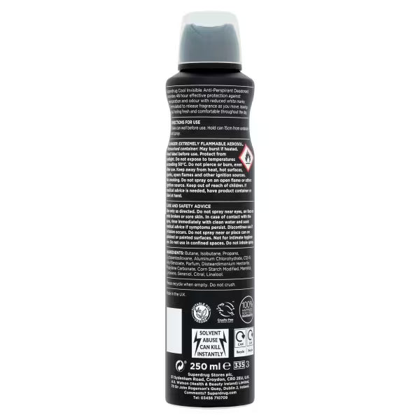 Superdrug Men's Deodorant 48hr Cool 250ml (British brand)