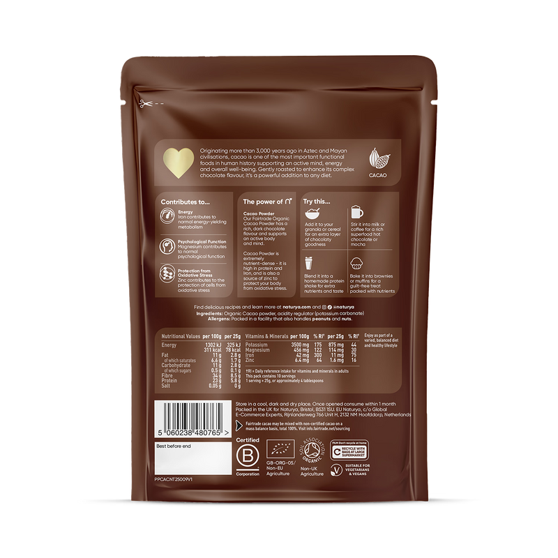 Naturya Organic Cacao Powder chocolate 250g, UK version