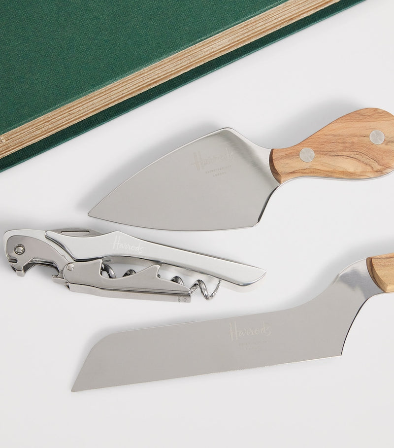 Harrods cheese and wine set with olivewood handles and stainless steel knives, UK version