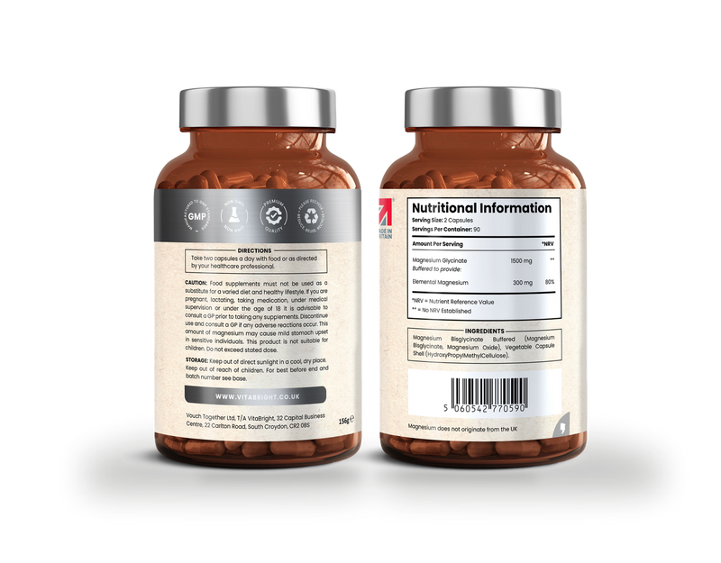 VitaBright magnesium glycinate 1500mg 180 capsules, imported from the UK