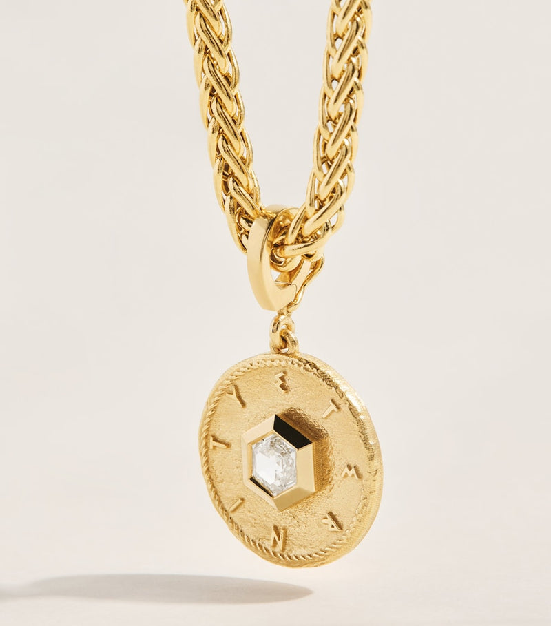 Azlee small yellow gold eternity coin charm with hexagon diamond (British brand)