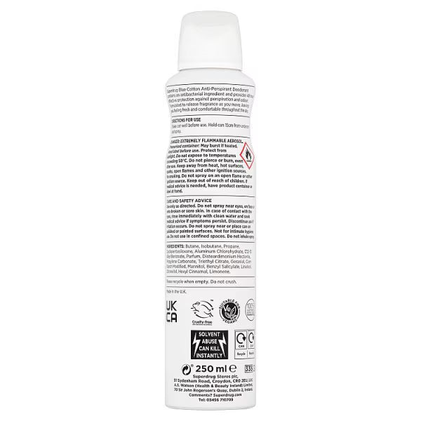 Superdrug anti-perspirant deodorant spray cotton 250ml (British brand)