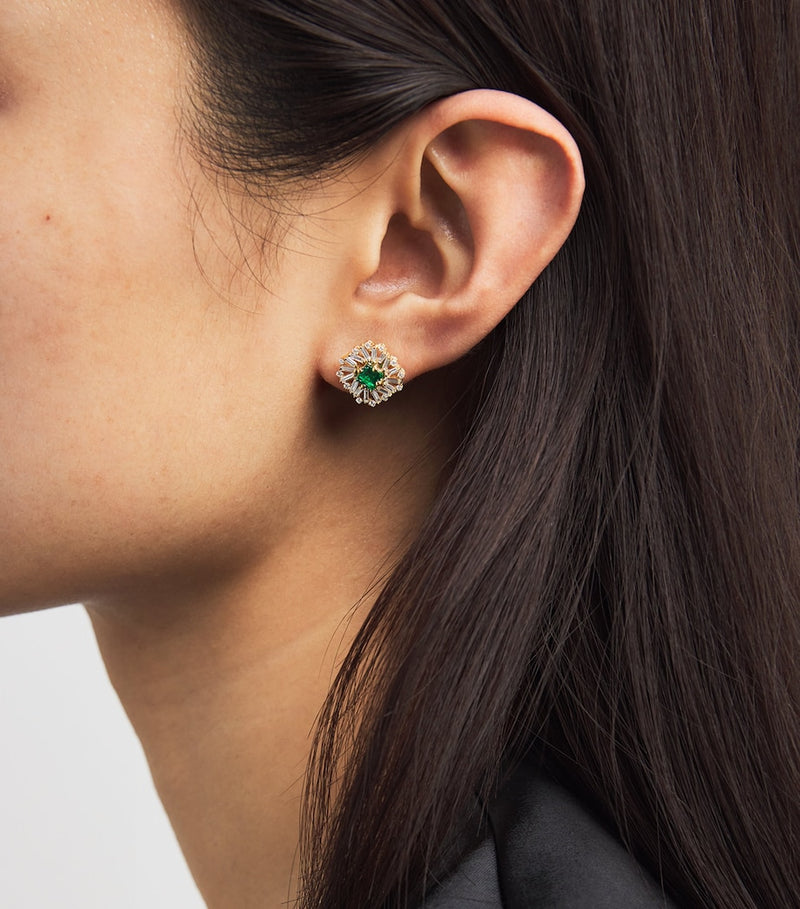 Suzanne Kalan flower stud earrings yellow gold diamond emerald - British product