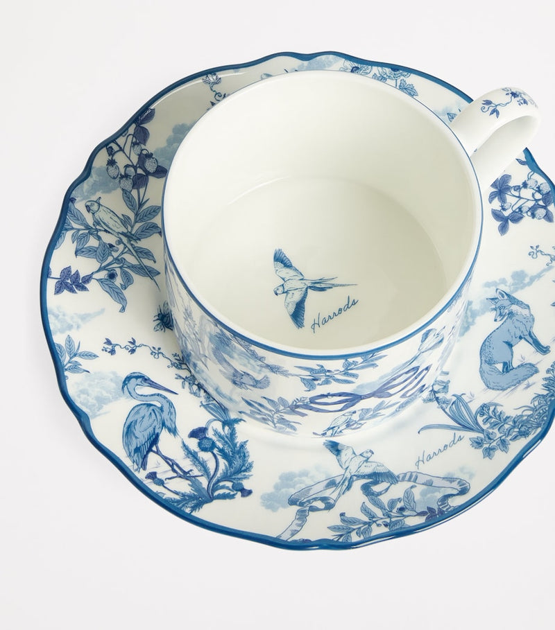 Harrods bone china toile teacup and saucer (British brand)