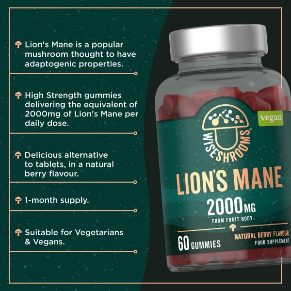 Wiseshrooms Lions Mane gummies 2000mg 60 count, UK version
