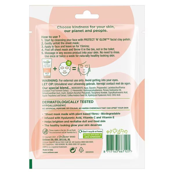 Simple Protect N Glow Sheet Mask 1 count biodegradable cotton (British brand)