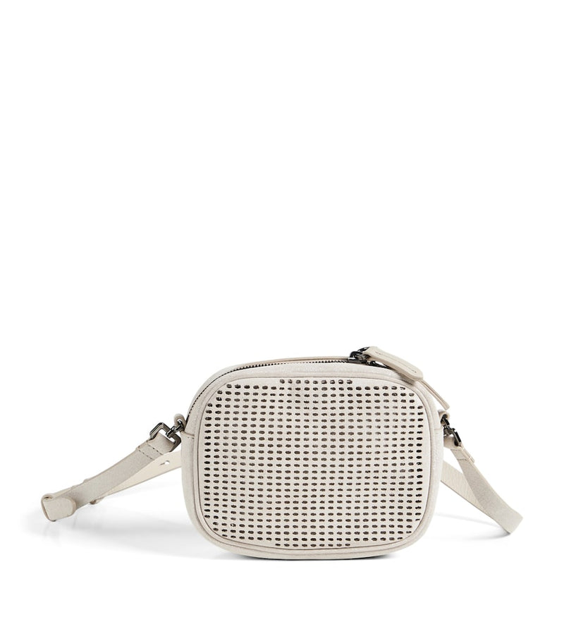 Brunello Cucinelli Kids suede laser cut-out cross-body bag, imported from the UK