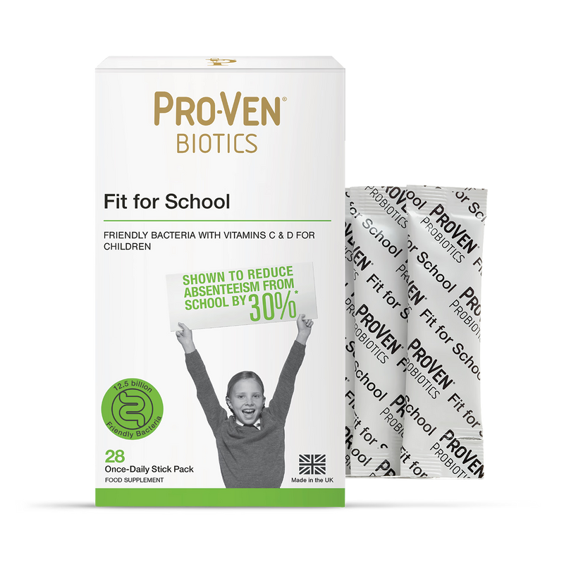Pro-Ven Fit For School kids probiotic sachets, imported from the UK