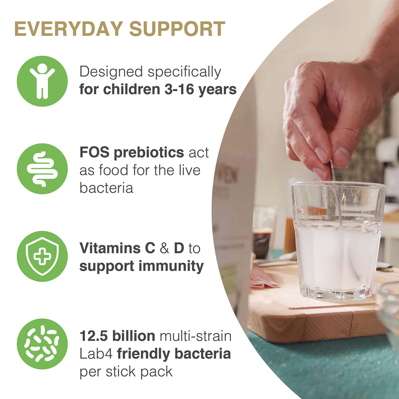 Pro-Ven Fit For School kids probiotic sachets, imported from the UK